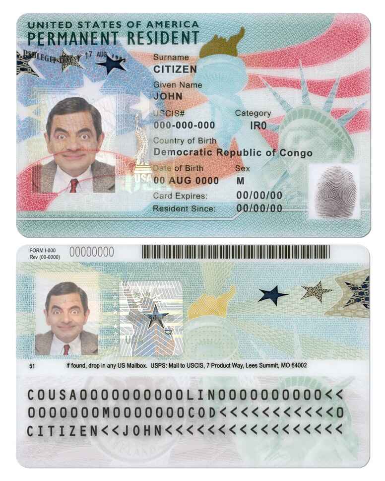 Carte verte des États Unis, modèle de carte de résident permanent au format PSD, entièrement modifiable (2020 – présent)